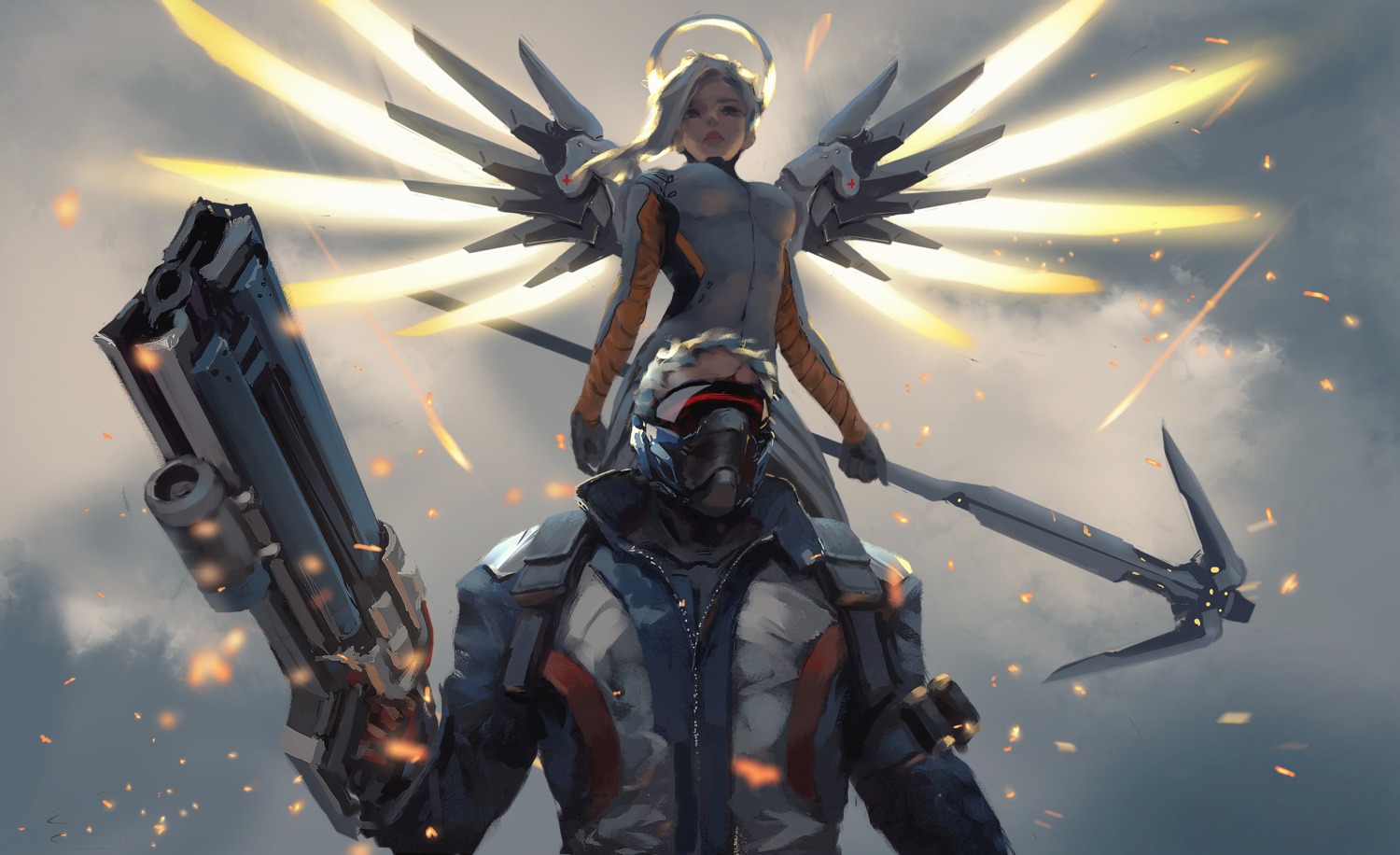 bodysuit, gun, mercy_(overwatch), overwatch, soldier:_76, wings, wlop