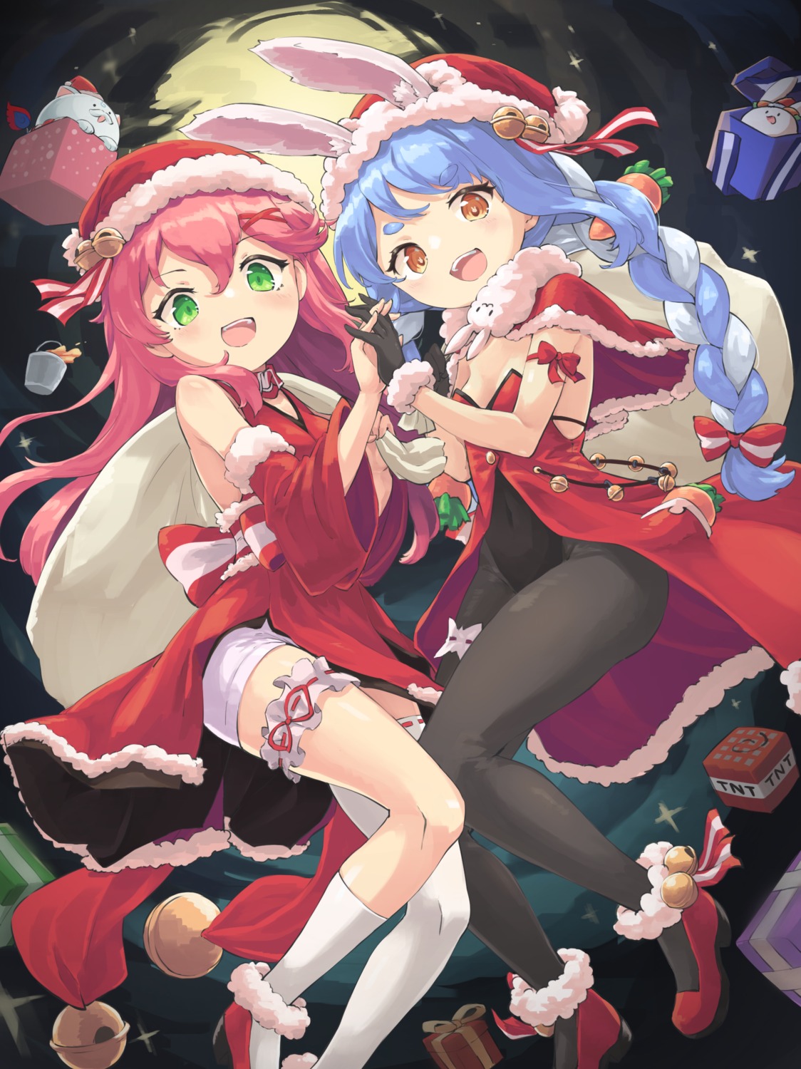 animal_ears, bunny_ears, bunny_girl, christmas, garter, heels, hololive, nano_(mianhua_maoqiu), no_bra, pantyhose, sakura_miko, thighhighs, usada_pekora