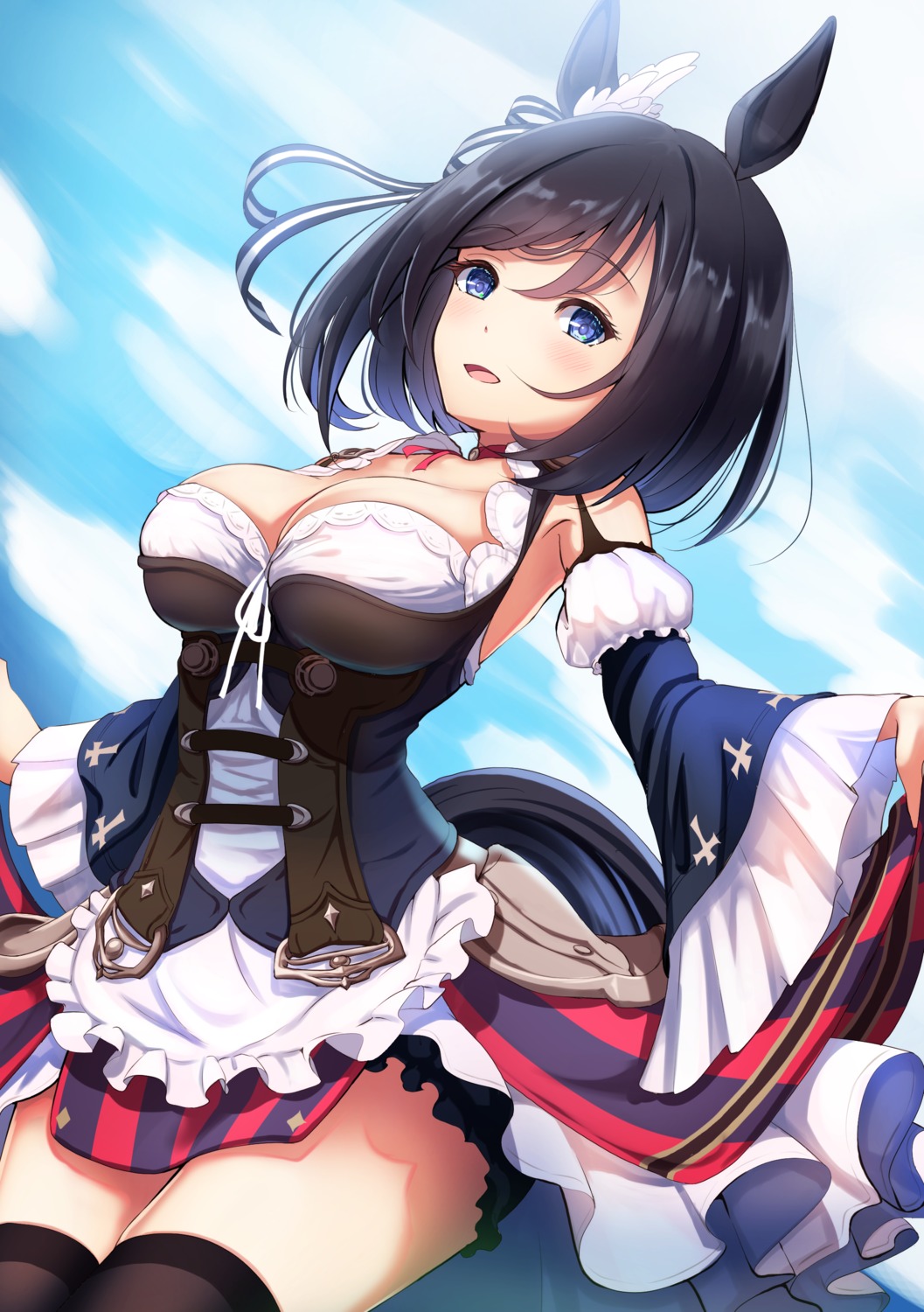 amagi_(volfuji), animal_ears, eishin_flash_(umamusume), no_bra, skirt_lift, thighhighs, uma_musume_pretty_derby