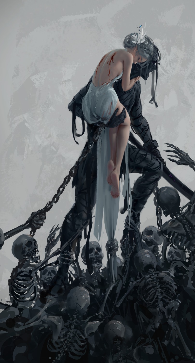 blood, dress, feet, ghostblade, no_bra, pointy_ears, possible_duplicate, see_through