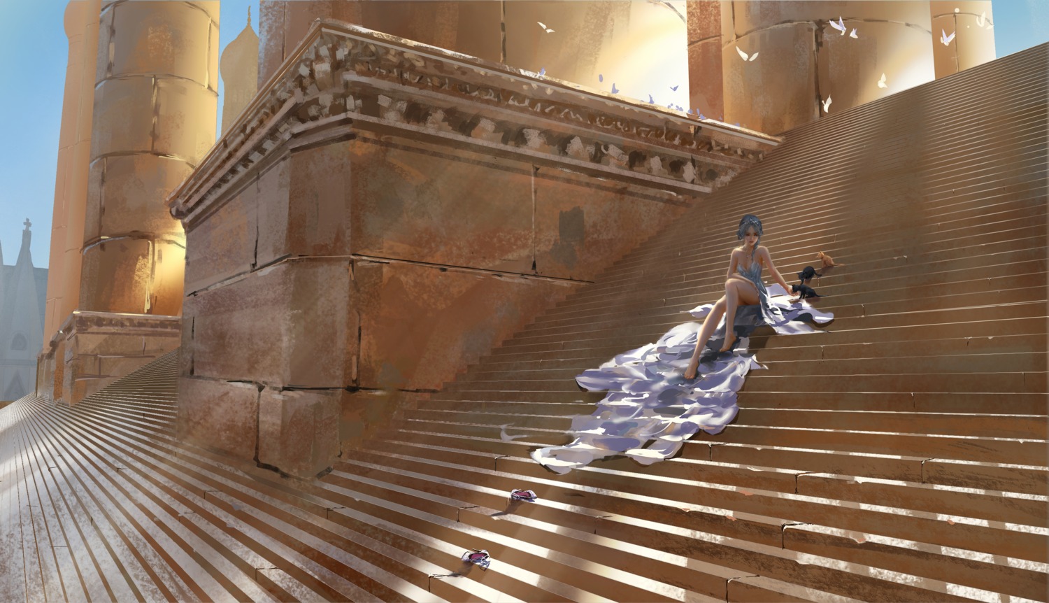 dress, ghostblade, landscape, neko, no_bra, skirt_lift, wlop, yan_haiqin