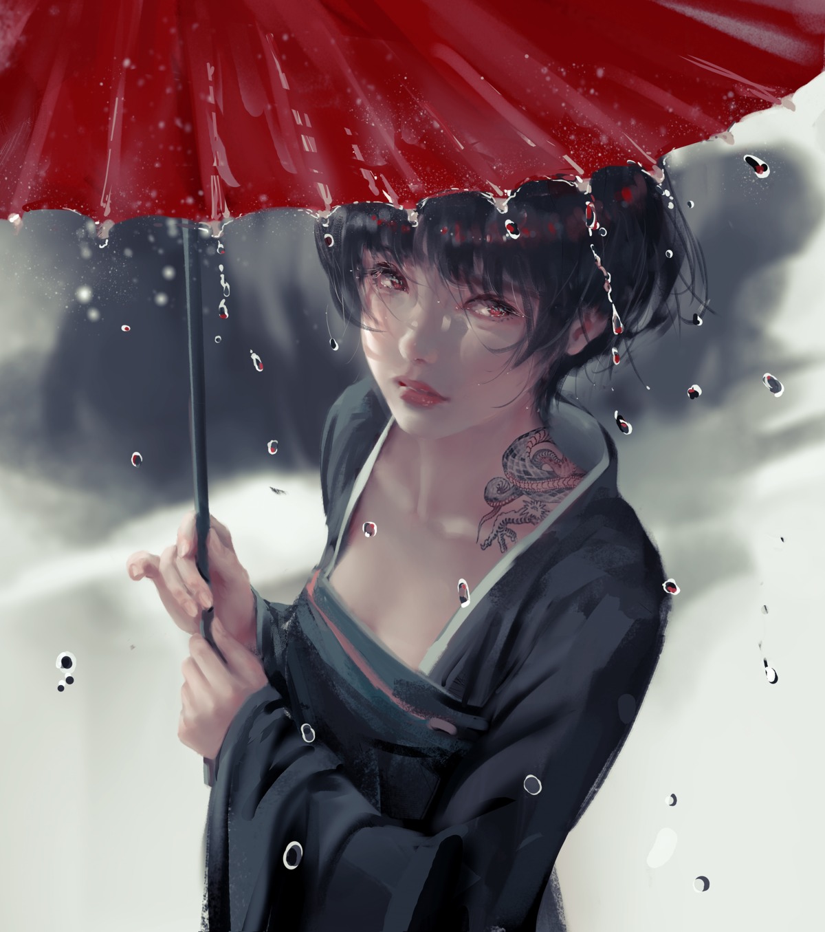 asian_clothes, ghostblade, jade_(ghostblade), tattoo, umbrella, wlop