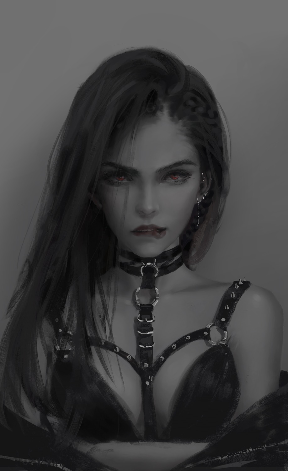 ghostblade, lenia, monochrome, no_bra, open_shirt, possible_duplicate, wlop