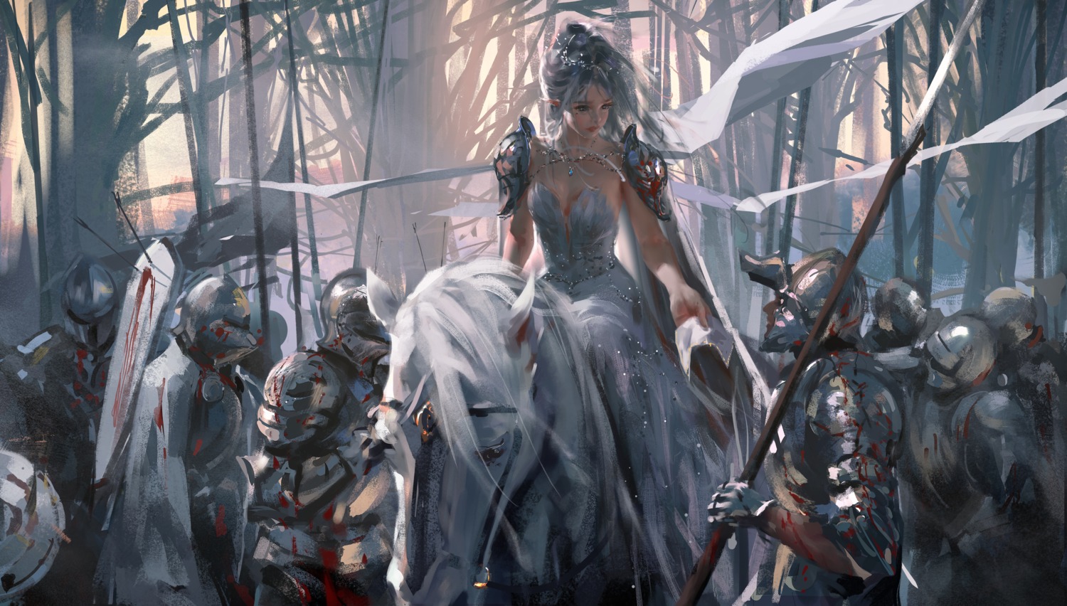 armor, blood, cleavage, dress, ghostblade, landscape, no_bra, pointy_ears