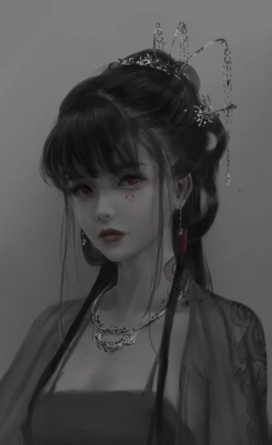 asian_clothes, ghostblade, jade_(ghostblade), monochrome, possible_duplicate, see_through, tattoo, wlop