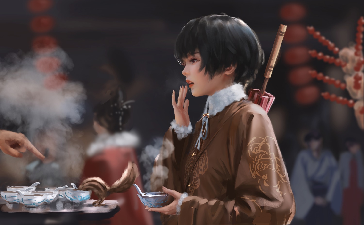 asian_clothes, ghostblade, jade_(ghostblade), umbrella, wlop