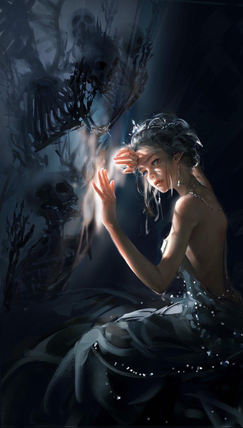 dress, ghostblade, no_bra, pointy_ears, wlop, yan_haiqin