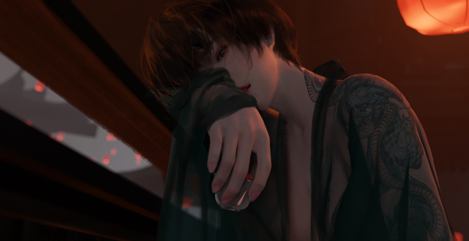asian_clothes, ghostblade, jade_(ghostblade), no_bra, open_shirt, see_through, tattoo, wlop