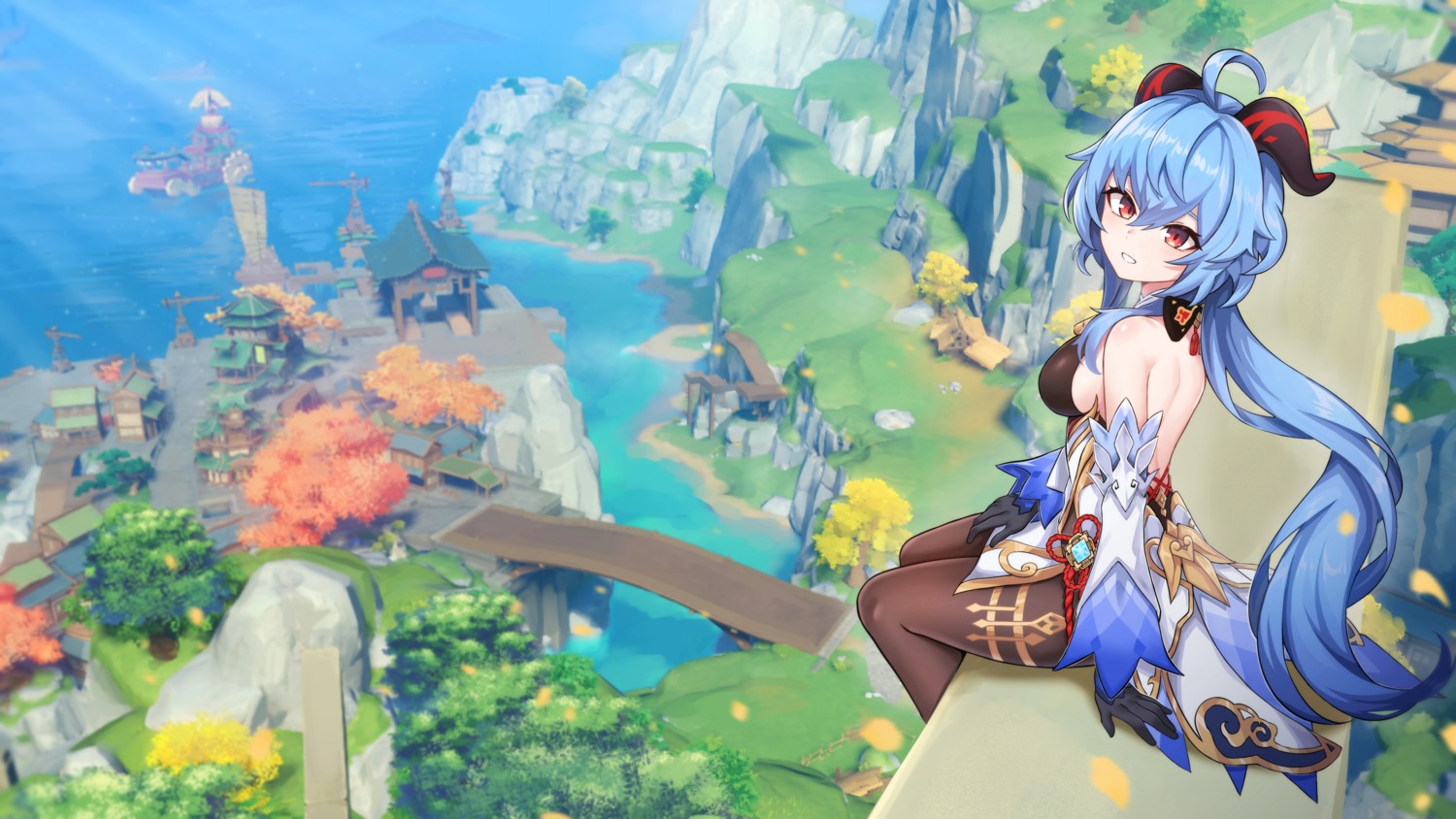 asian_clothes, ganyu, genshin_impact, gomrang, horns, landscape, no_bra