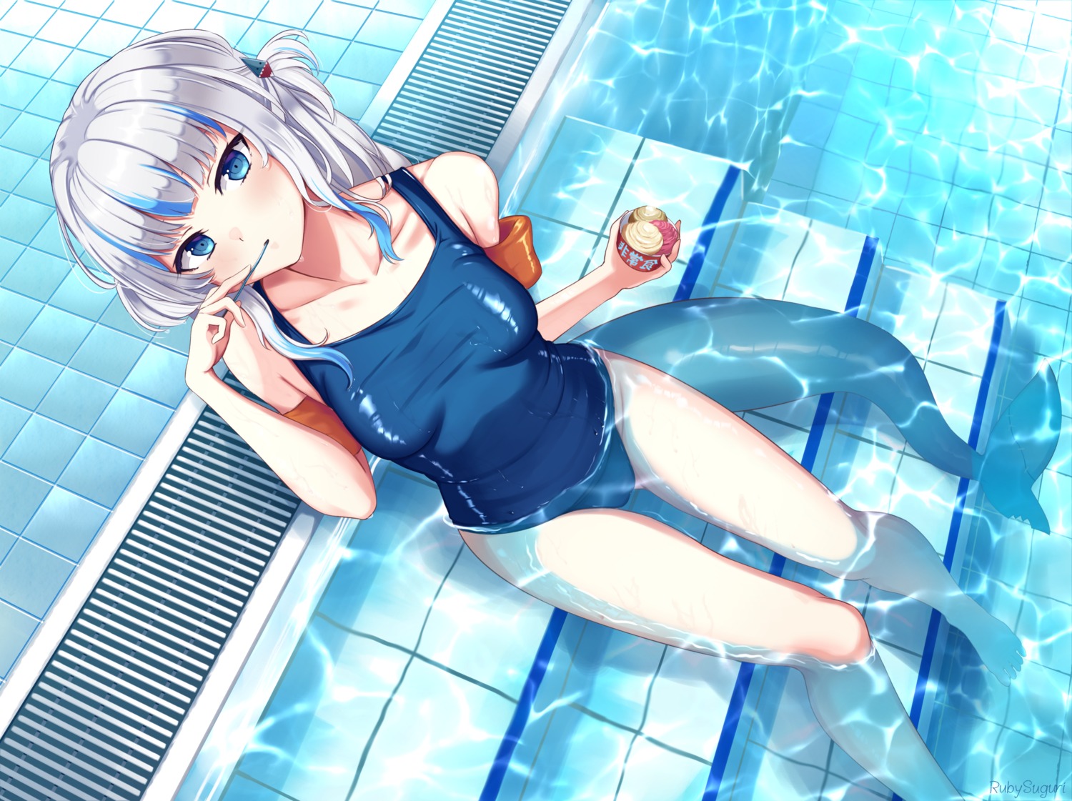 gawr_gura, hololive, hololive_english, ruby_suguri, school_swimsuit, swimsuits, tail, wet