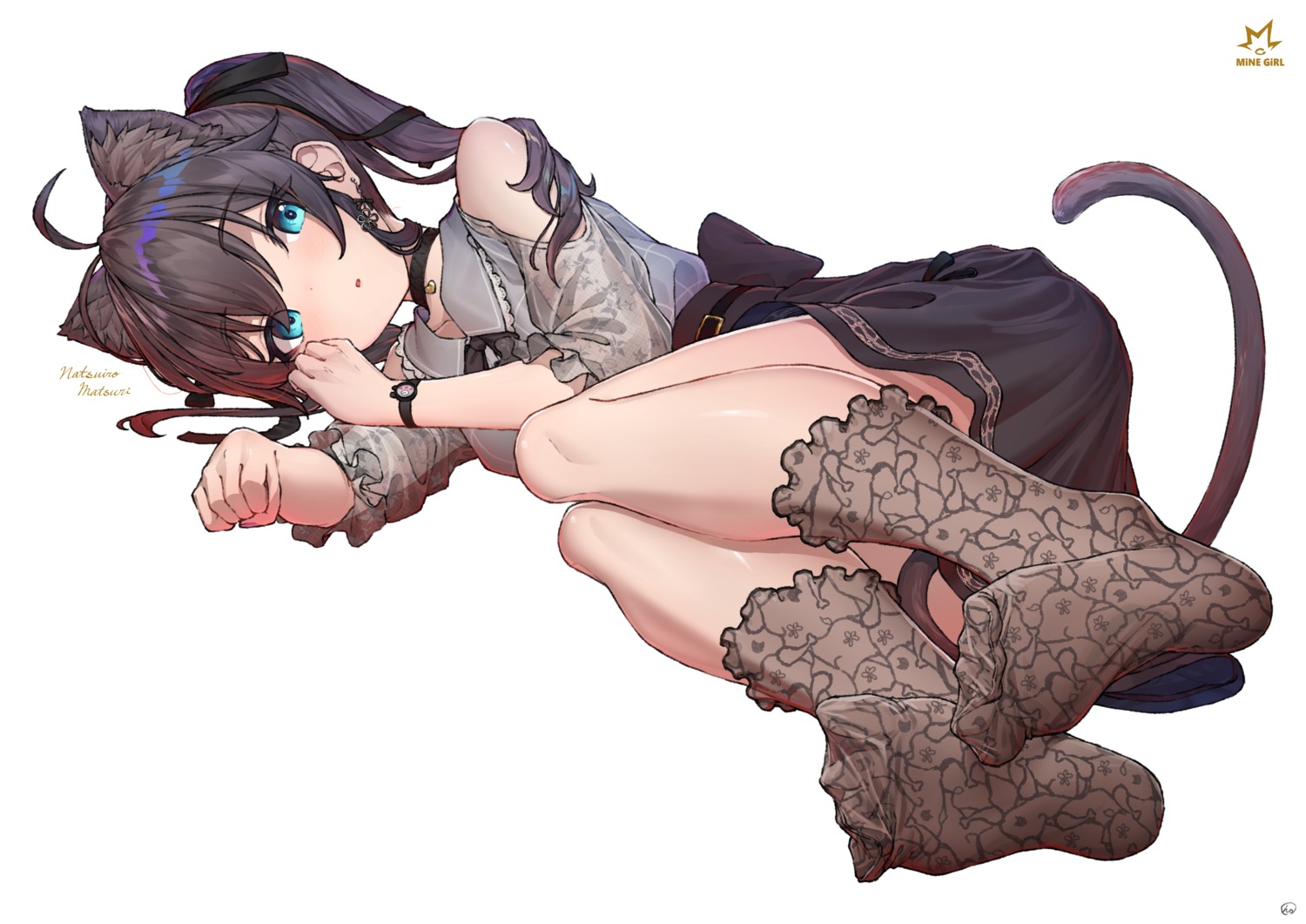 animal_ears, feet, hololive, natsuiro_matsuri, nekomimi, skirt_lift, tail, tihoro1609