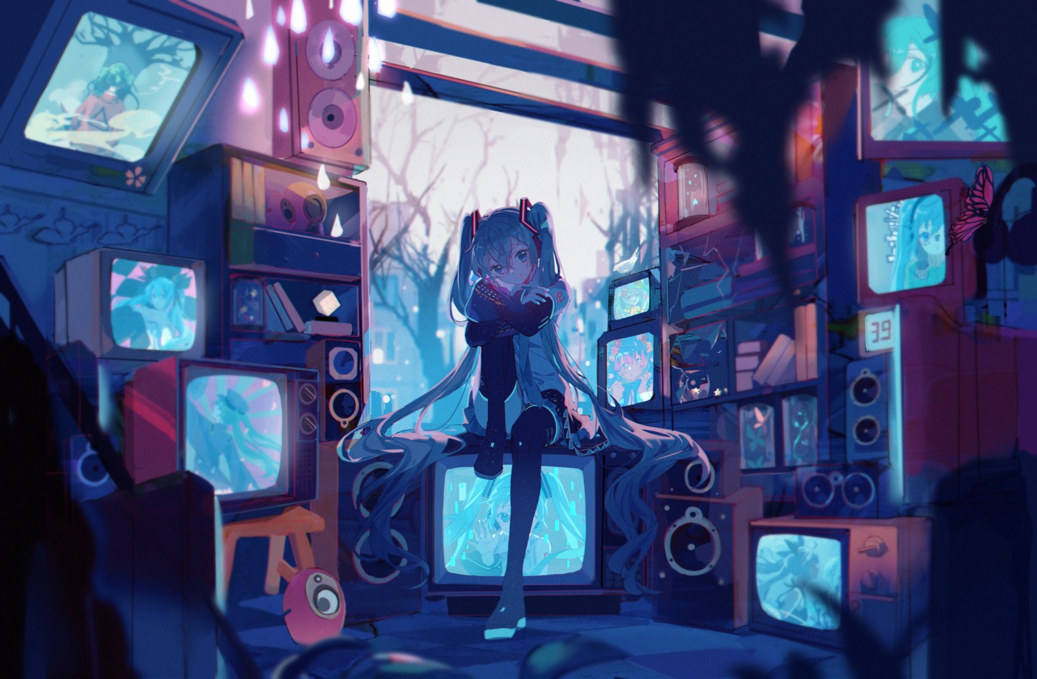 hatsune_miku, kanose, skirt_lift, tattoo, thighhighs, vocaloid