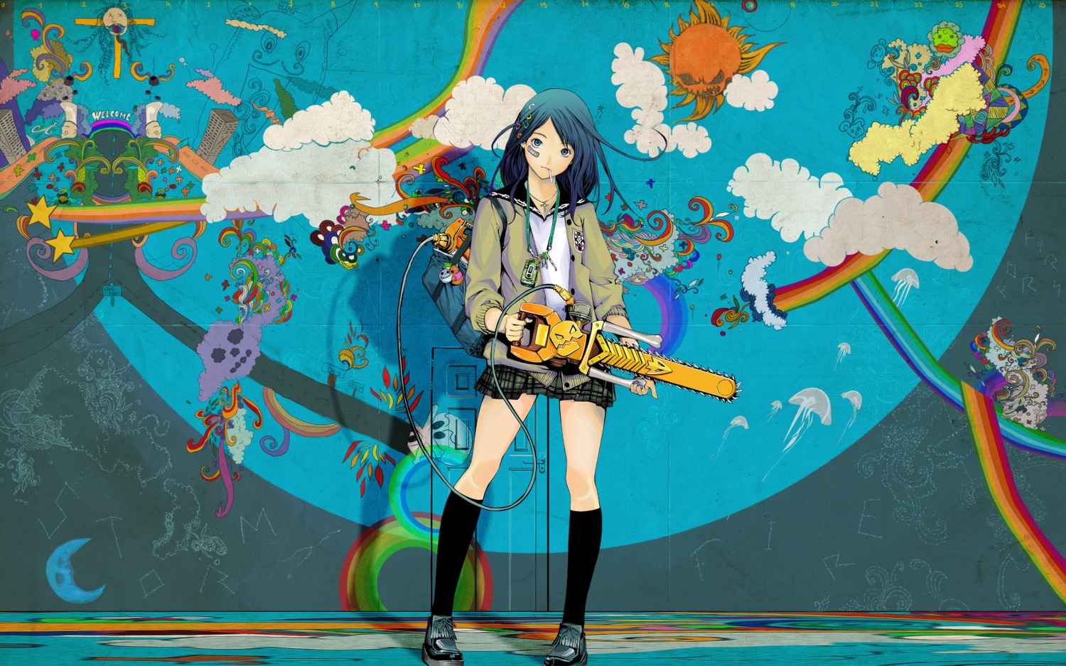 bandaid, chainsaw, oh!_great, seifuku, wallpaper