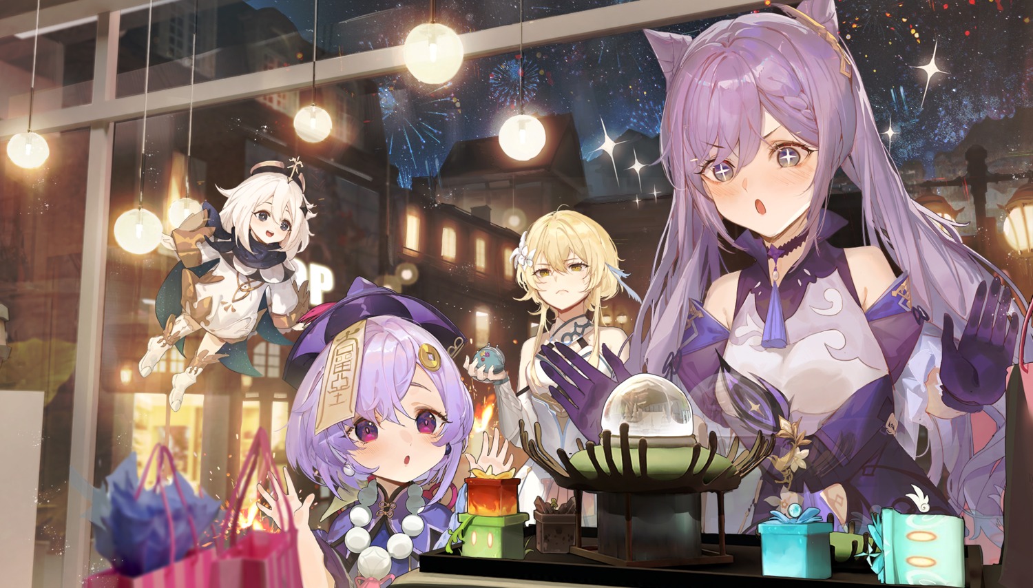 asian_clothes, genshin_impact, keqing, kuroduki_(pieat), lumine, paimon, qiqi