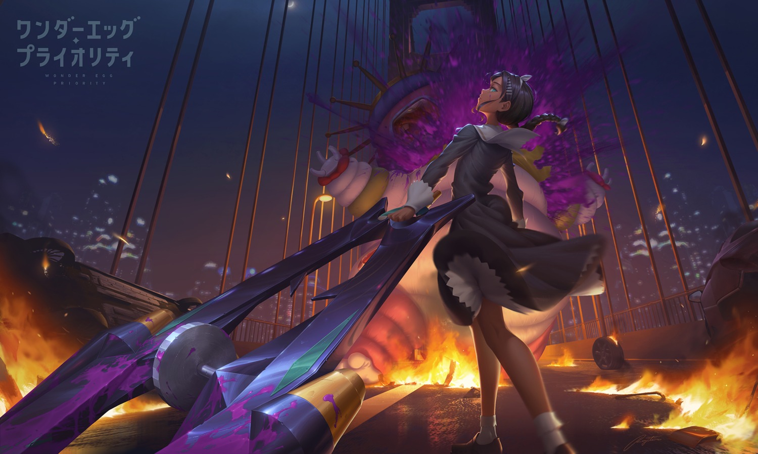 aonuma_neiru, dress, monster, regition, skirt_lift, weapon, wonder_egg_priority