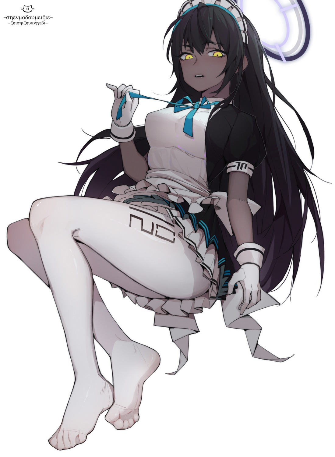 blue_archive, feet, halo, kakudate_karin, lan_mao_akko, maid, pantyhose, skirt_lift