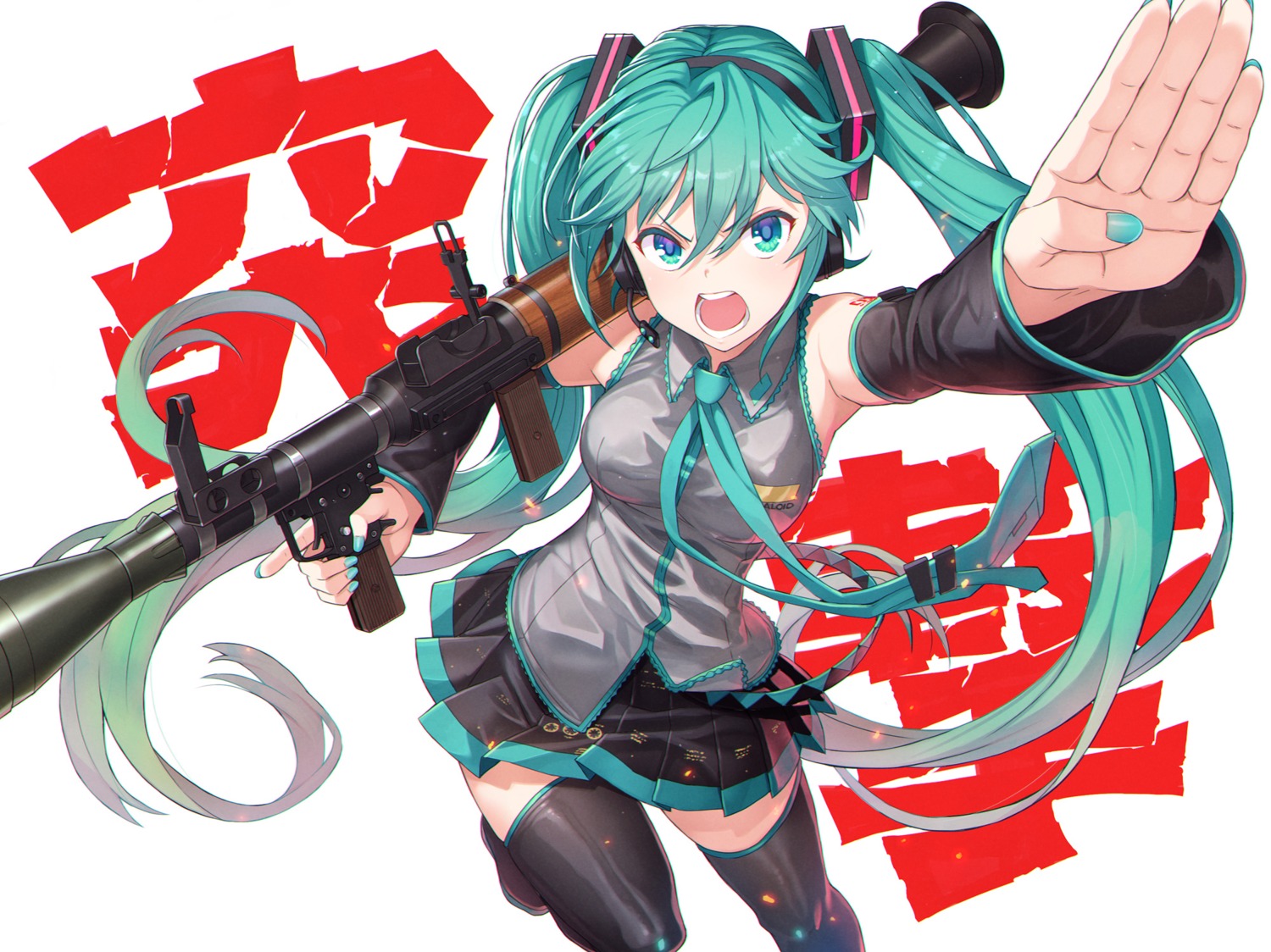hatsune_miku, headphones, itou_(onsoku_tassha), skirt_lift, tattoo, thighhighs, vocaloid, weapon