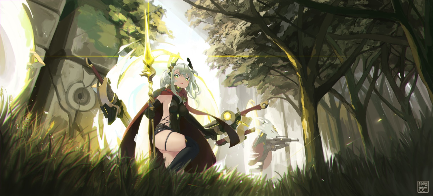 garter, gun, horns, natori_youkai, no_bra, thighhighs, weapon