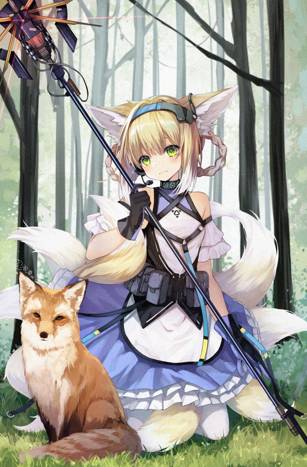 animal_ears, arknights, kitsune, shinkai_kokoa, suzuran_(arknights), tail, weapon