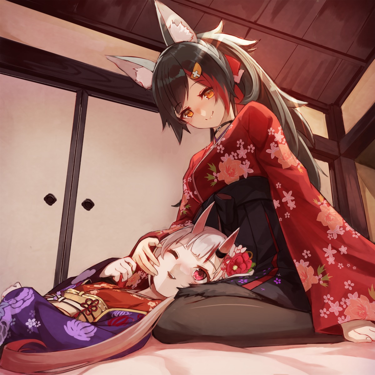 animal_ears, hololive, hololive_gamers, horns, japanese_clothes, nakiri_ayame, ookami_mio, sue_(bg-bros), yuri