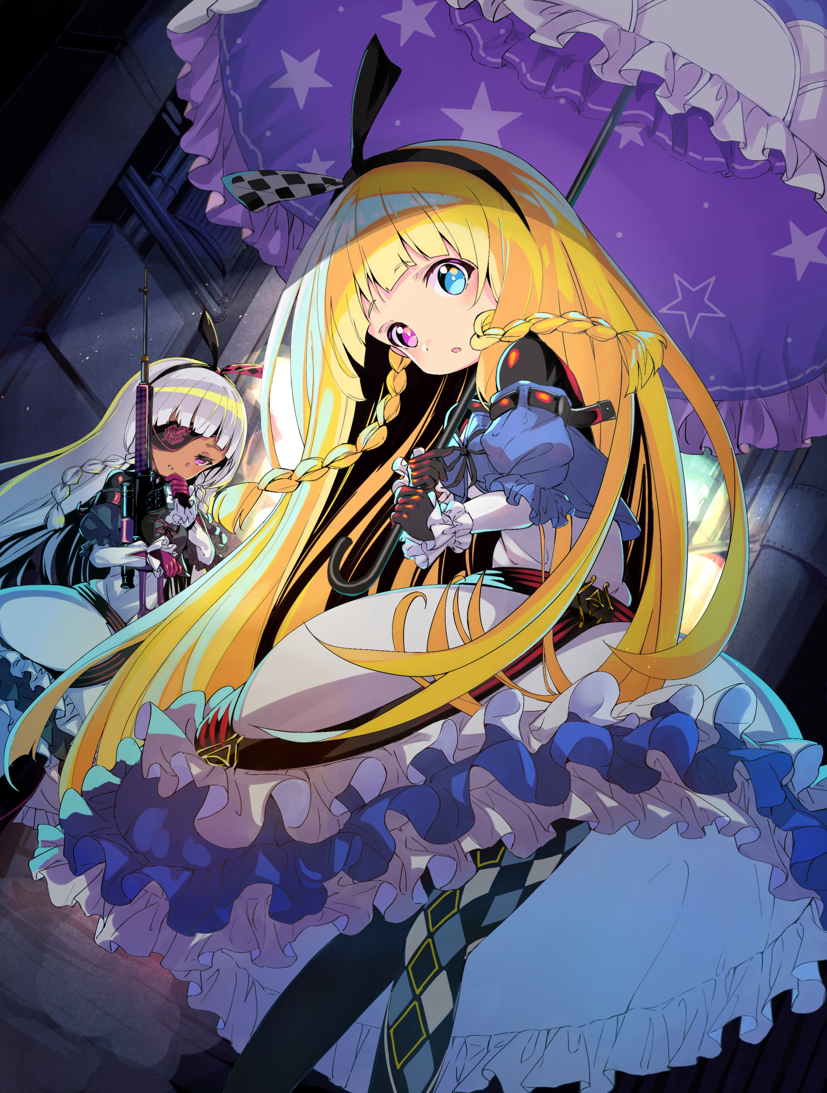 alyce_(dohna_dohna), dohna_dohna, eyepatch, gothic_lolita, gun, heterochromia, jankudou, lolita_fashion, pantyhose, skirt_lift, umbrella