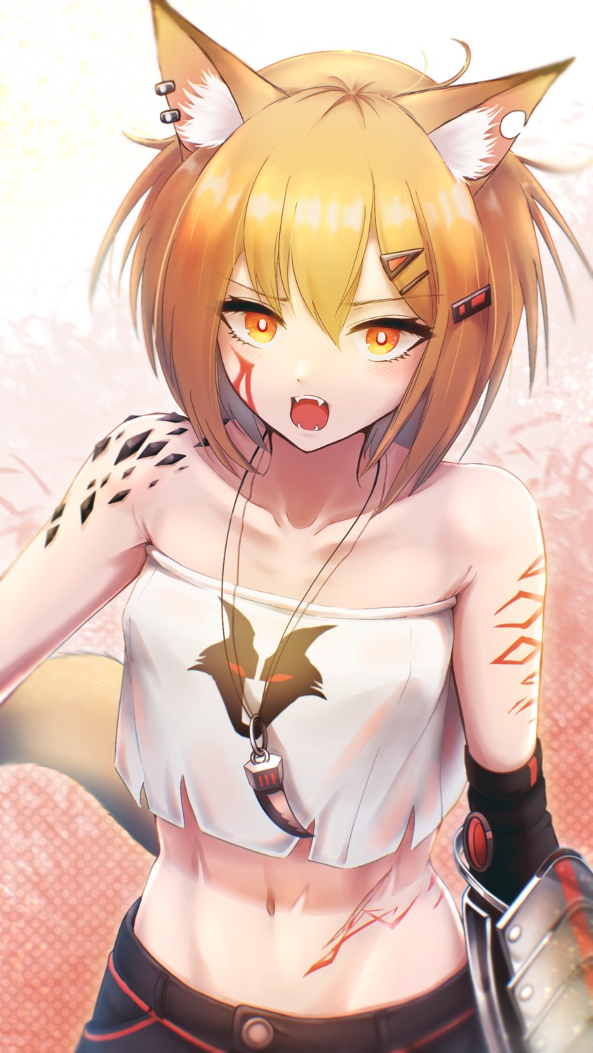 3_(sanyako1), animal_ears, arknights, tattoo, torn_clothes, vermeil_(arknights)