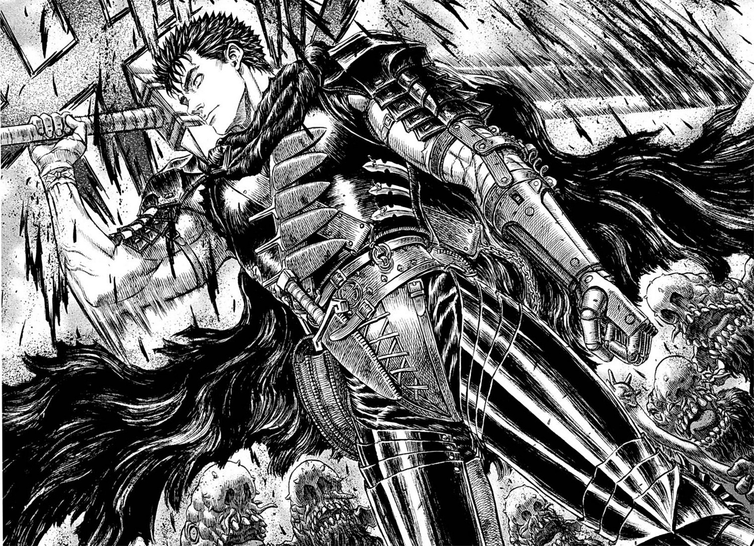 armor, berserk, guts, male, monochrome, sword