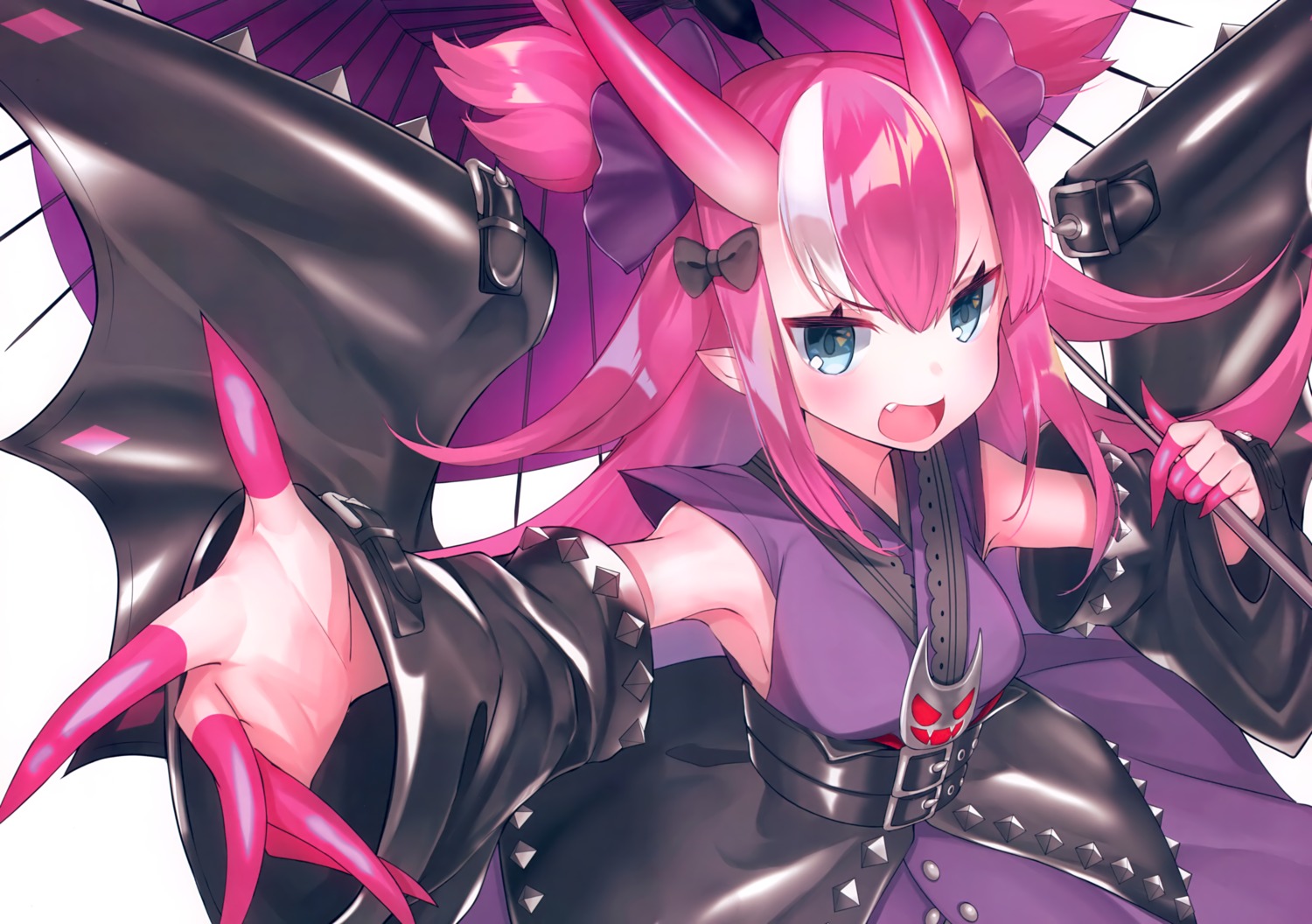 elizabeth_bathory, fate/grand_order, horns, japanese_clothes, pointy_ears, suzuho_hotaru, umbrella, wings