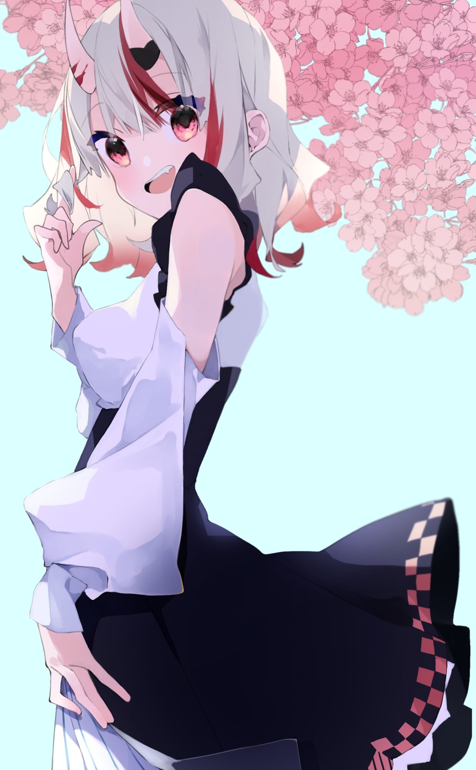 aoiro_0w0, dress, hololive, horns, lolita_fashion, nakiri_ayame, skirt_lift