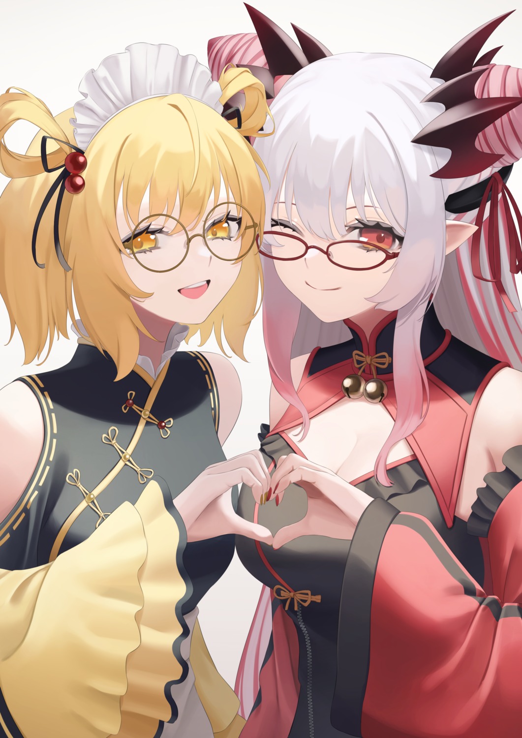 animare, asian_clothes, cleavage, crossover, haneru_inaba, honey_strap, maid, megane, nanashi_inc., pointy_ears, suou_patra, yatarime