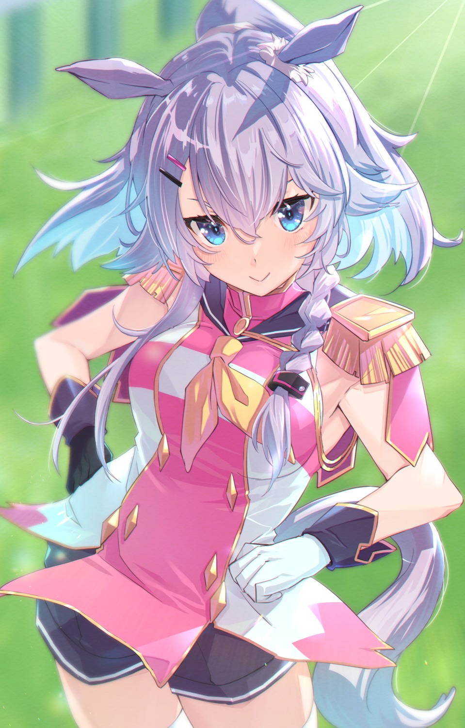 animal_ears, cosplay, nijisanji, nun_bora, ruo, sakura_bakushin_o_(umamusume), tail, thighhighs, uma_musume_pretty_derby, uniform