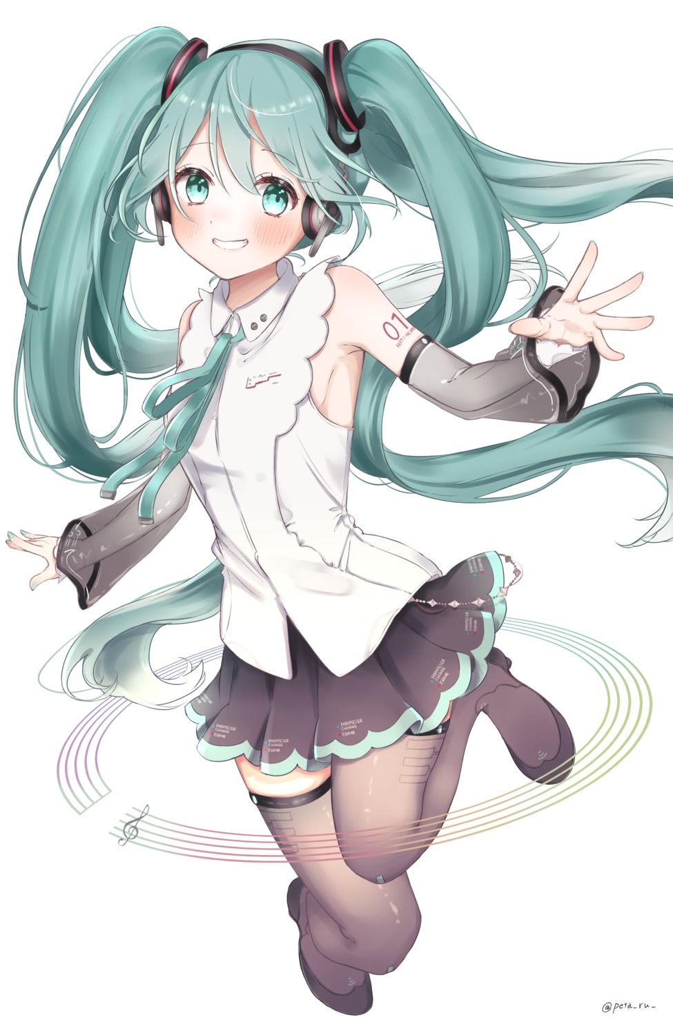 hatsune_miku, headphones, peta_ru, see_through, skirt_lift, tattoo, thighhighs, vocaloid