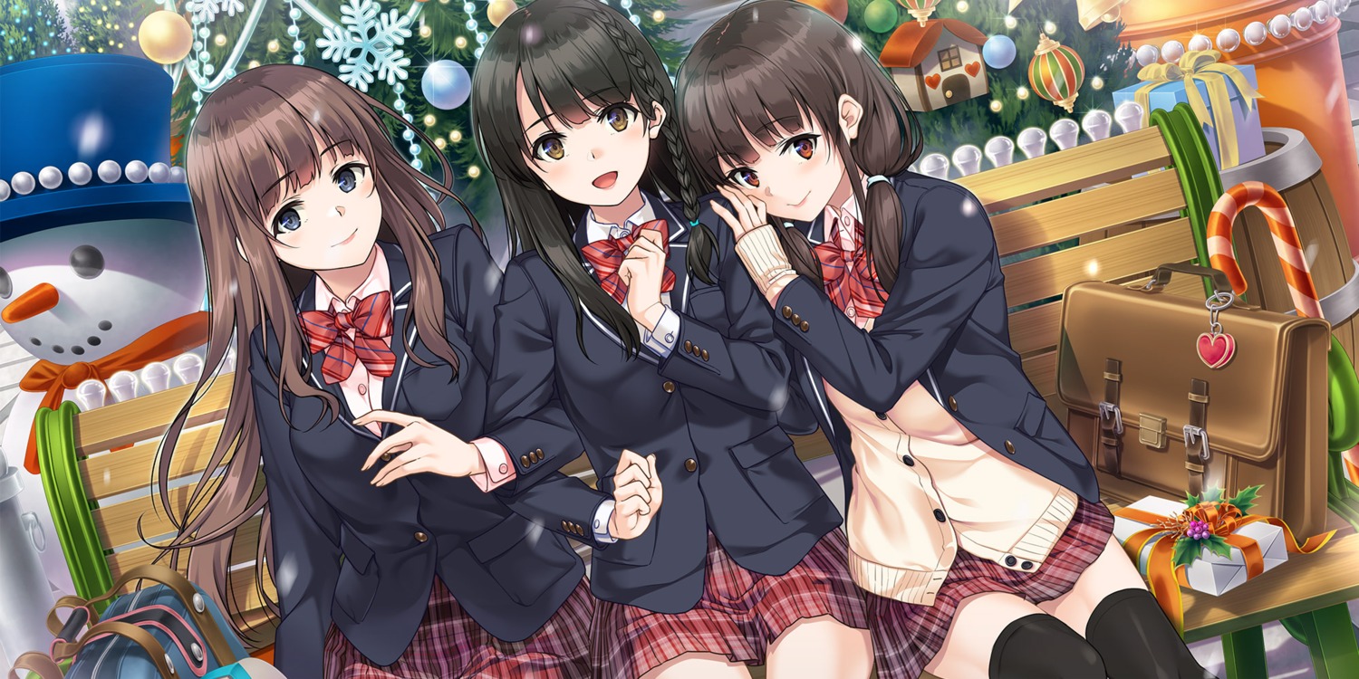 amari_mito, christmas, fuyu_kiss, giga, mikasa_yuki, seifuku, shinomiya_touka, sweater, thighhighs, unasaka