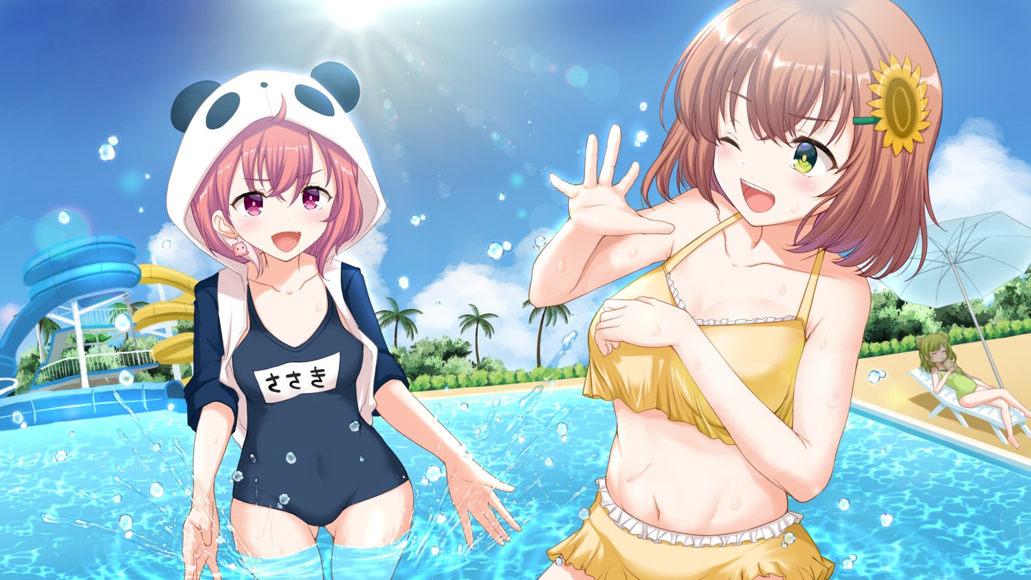 bikini, cleavage, hamo, honma_himawari, nijisanji, nijisanji_gamers, sasaki_saku, school_swimsuit, swimsuits, wet