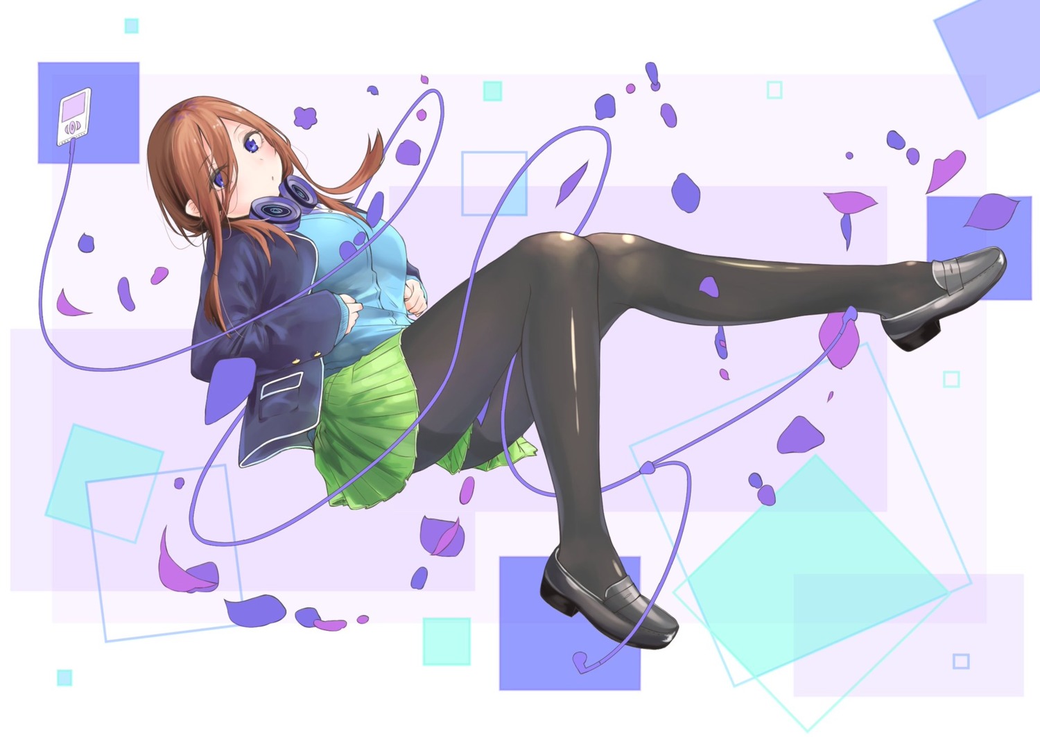 5-toubun_no_hanayome, headphones, kiaoekakishitai, nakano_miku, pantyhose, seifuku, skirt_lift, sweater
