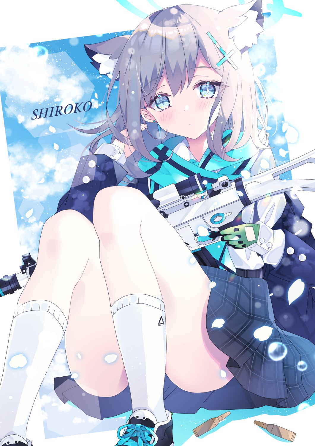 animal_ears, blue_archive, gun, halo, nekomimi, seifuku, skirt_lift, sunaookami_shiroko