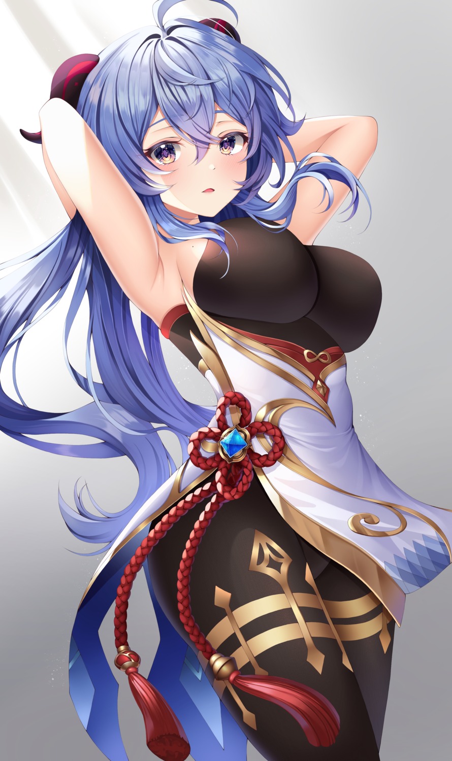 asian_clothes, ganyu, genshin_impact, horns, leotard, no_bra, pantyhose, skirt_lift, ssong2
