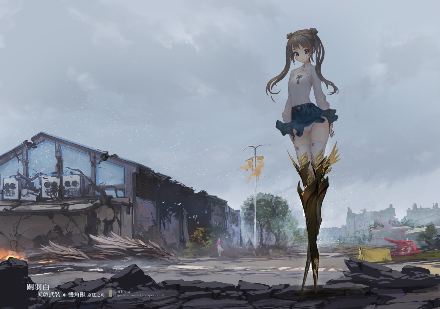 armor, len_brew, pantsu, skirt_lift, tattoo, thighhighs