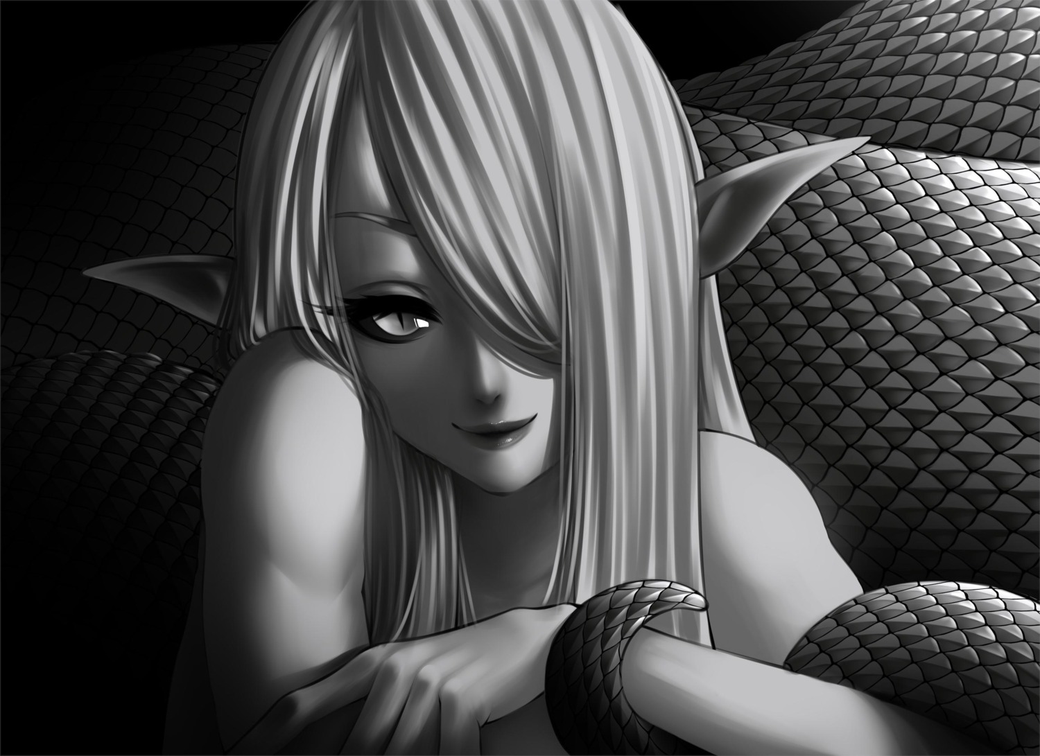 apophis_(monster_girl_encyclopedia), loen, monochrome, monster_girl, monster_girl_encyclopedia, pointy_ears, tail