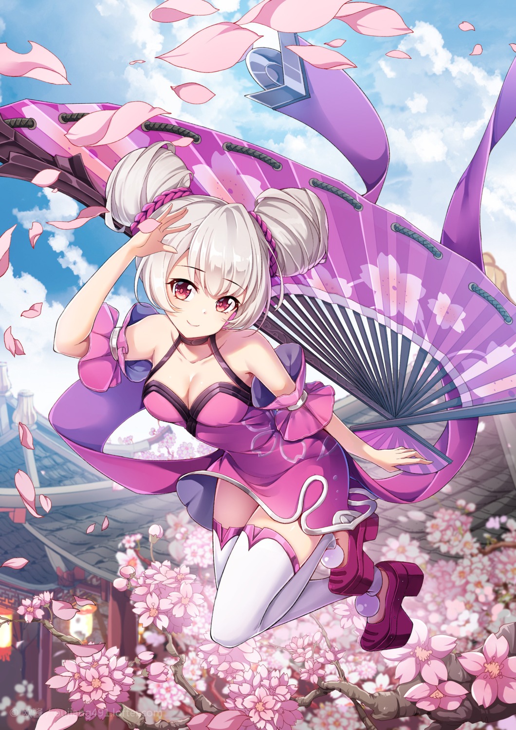 cleavage, japanese_clothes, k12io, skirt_lift, thighhighs