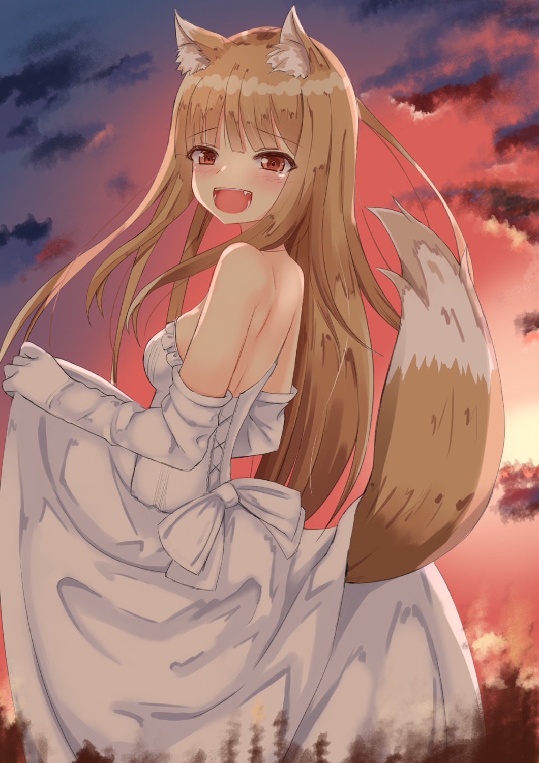 animal_ears, dress, holo, karuta, no_bra, skirt_lift, spice_and_wolf, tail, wedding_dress