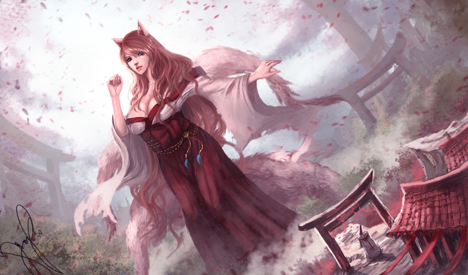 animal_ears, cleavage, cysh, kitsune, miko, no_bra, open_shirt, shizen1102, tail