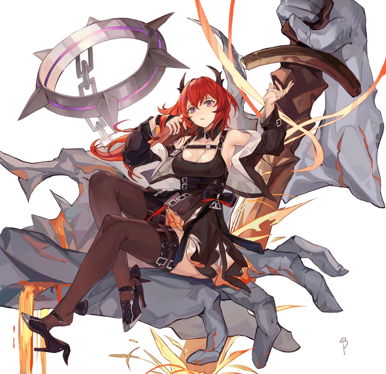 arknights, garter, horns, lan_xiezi, no_bra, surtr_(arknights), sword, thighhighs