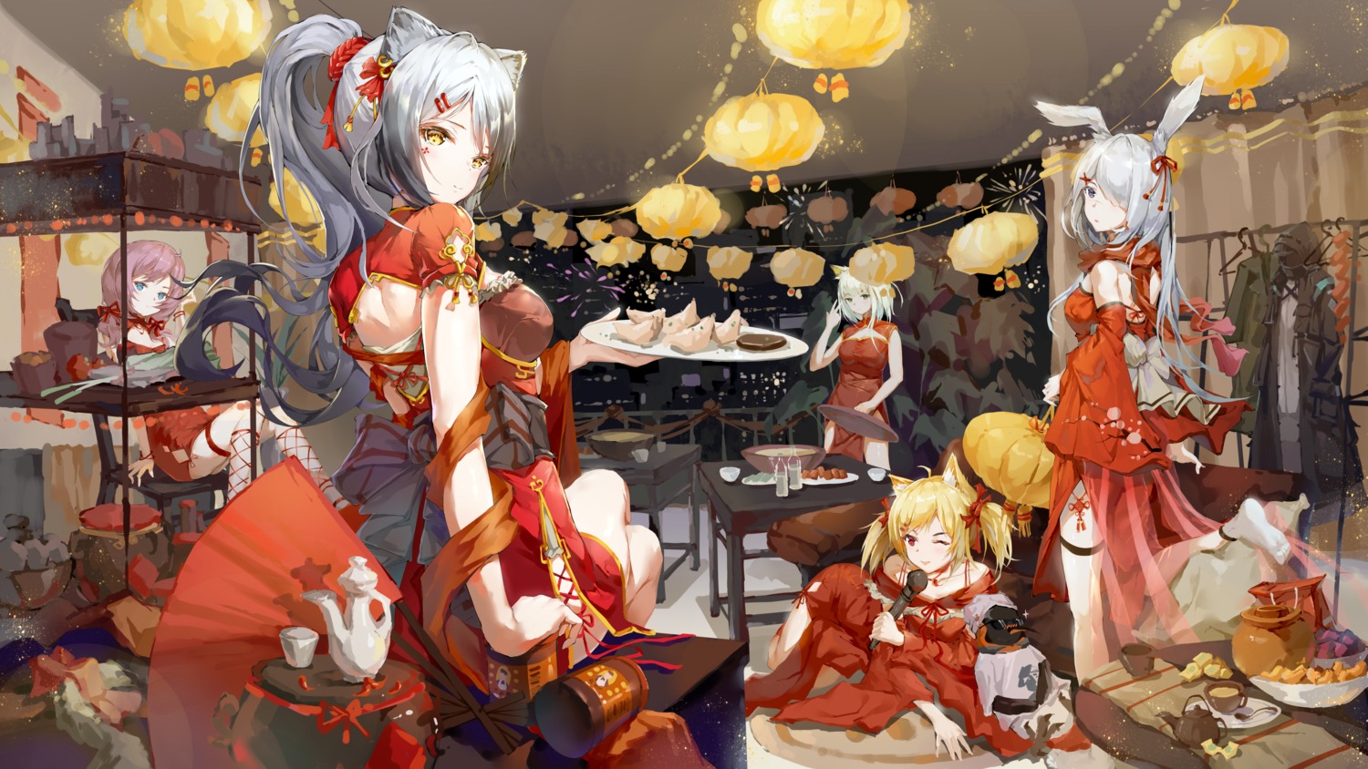 animal_ears, arknights, blue_poison_(arknights), bodhi_wushushenghua, bunny_ears, chinadress, frostnova_(arknights), kal'tsit_(arknights), schwarz_(arknights), sora_(arknights), thighhighs