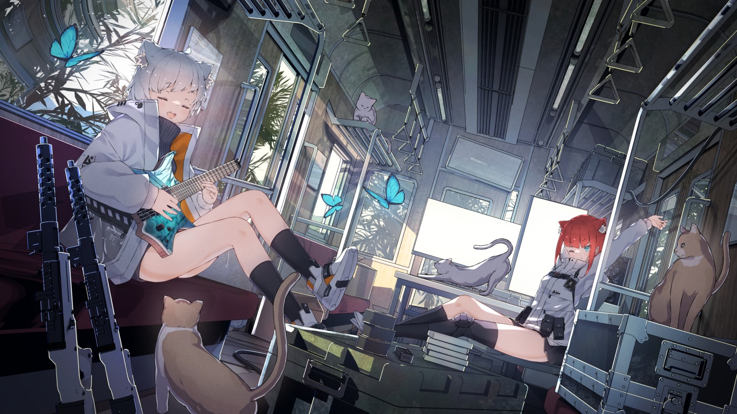 animal_ears, guitar, gun, hoji_(hooooooooji1029), neko, nekomimi, thighhighs