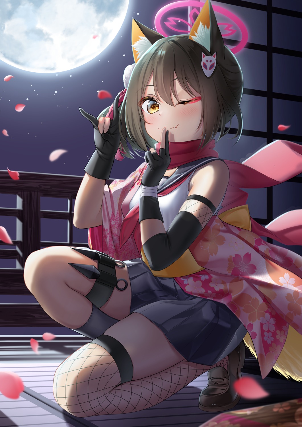 animal_ears, blue_archive, fishnets, garter, halo, japanese_clothes, kitsune, kuda_izuna