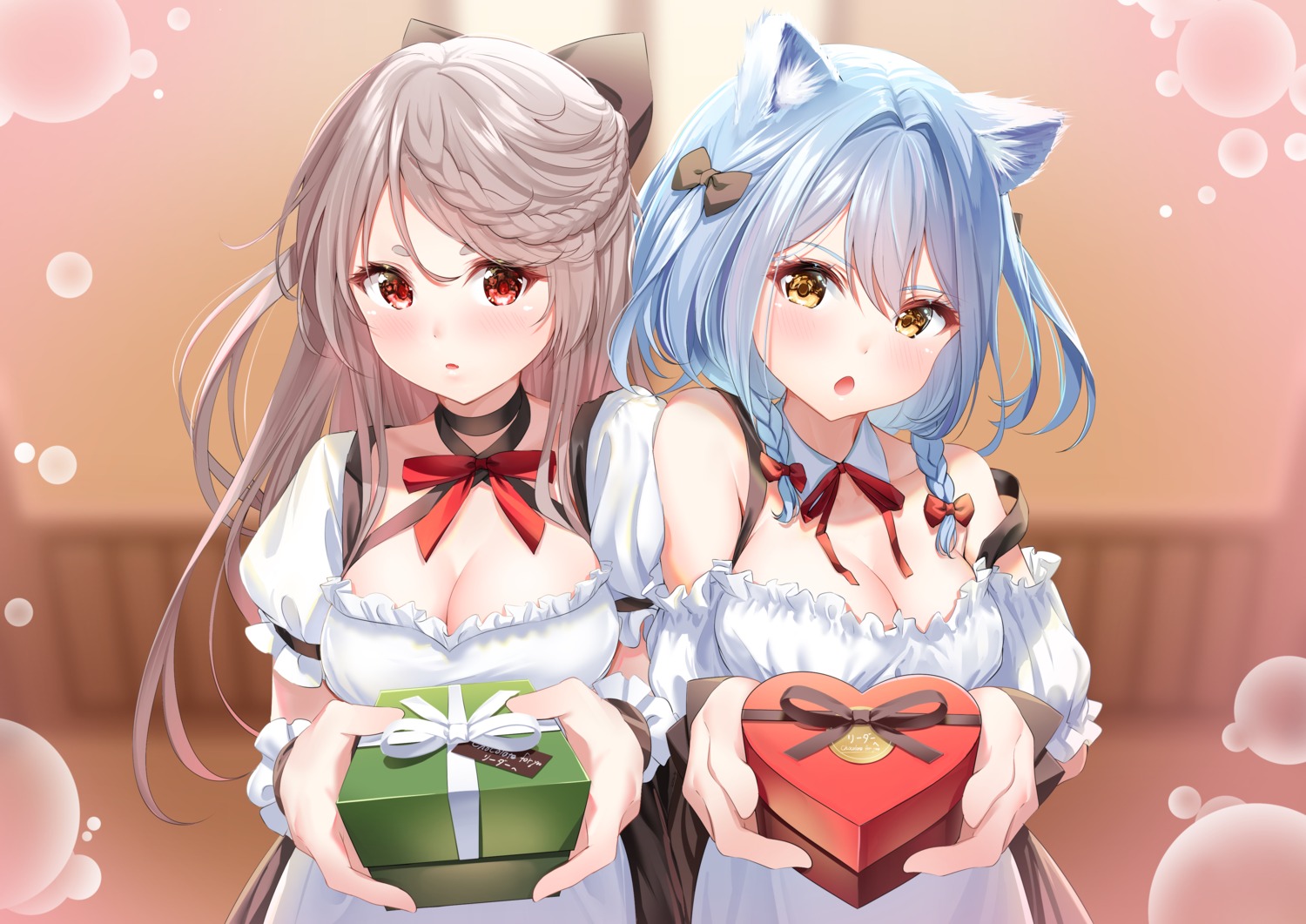 animal_ears, cleavage, maid, nekomimi, rissenka, valentine