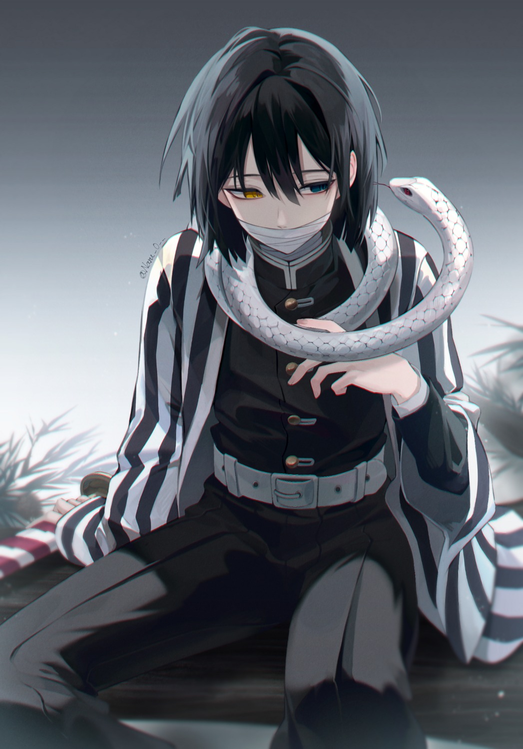 bandages, heterochromia, iguro_obanai, kimetsu_no_yaiba, male, naru_0, uniform