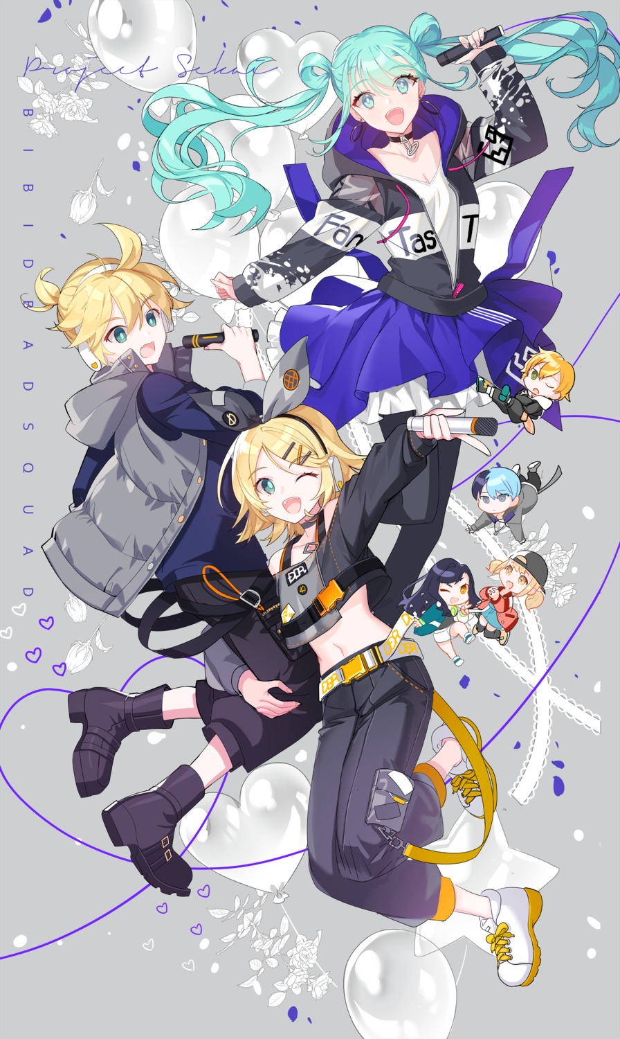 aoyagi_touya, azusawa_kohane, chibi, cleavage, hatsune_miku, headphones, kagamine_len, kagamine_rin