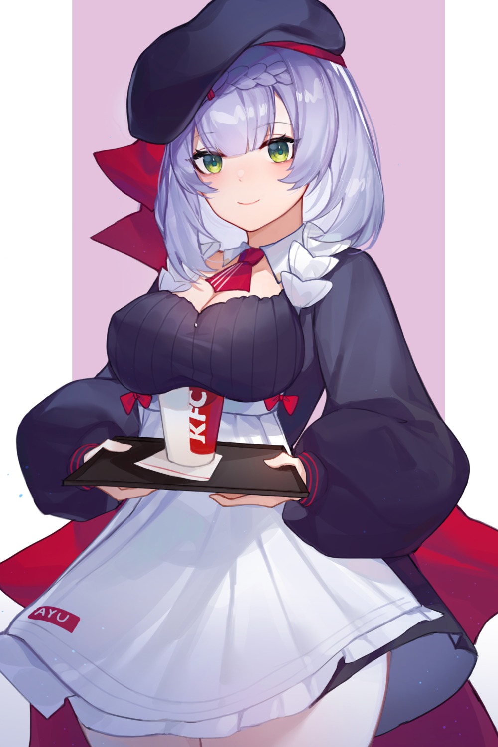 artist_revision, ayu_(ayuyu0924), cleavage, genshin_impact, kentucky_fried_chicken, noelle_(genshin_impact), skirt_lift, waitress